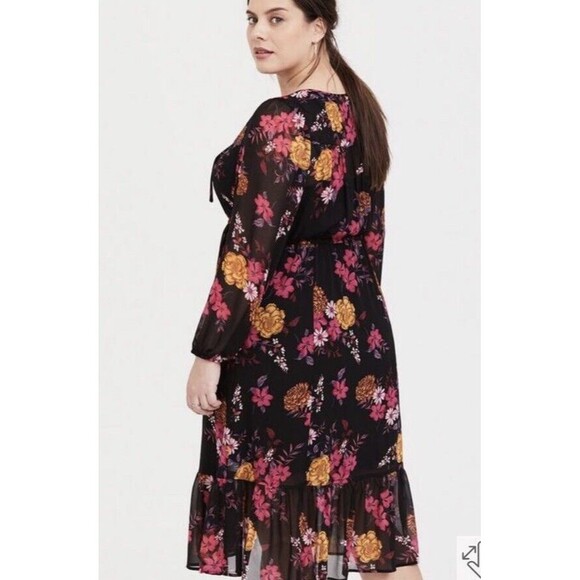 Torrid Dress  2X Black Red Long Sleeve Midi Chiffon Floral Boho Flowy - Picture 6 of 16